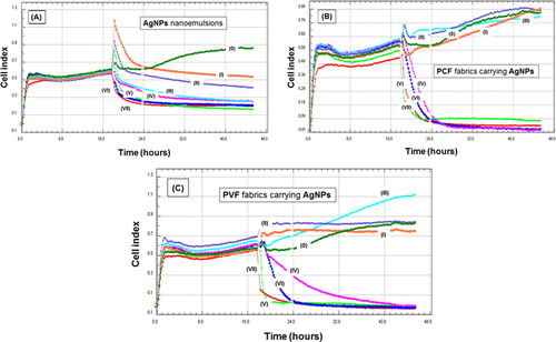 Figure 5. Real-time monitoring of interaction of L929 fibroblast cells in culture with: (A) AgNPs nanoemulsion with different concentrations; (B) PCF loaded with AgNPs; and (C) PVF loaded with AgNPs. The numbers on the graphs represent: (0) only medium or fabric (no AgNPs); and (I)–(VII) AgNPs concentrations: 6.25, 12.5, 25, 50, 100, 200 and 400 ppm, respectively.
