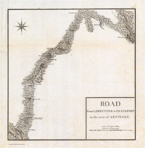 Fig. 1. George Henri Victor Collot and P. F. Tardieu, ‘Road from Limestone to Frankfort in the state of Kentucky,’ Paris, 1796. 38 x 37 cm. Image courtesy of the David Rumsey Map Collection.