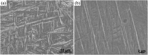 Figure 9. SEM images of the microstructure of B3 sample: (a) Overlap zone (b) elongated martensite enlargement.