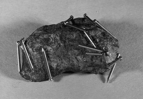 Lodestone (specimen A) from Magnet Cove, Arkansas, attracting small nails to its surface