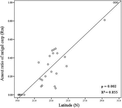Figure 3. Relationship between the ratio (Rm) of mrigal to (mrigal + mud) carp and latitude, southern China.