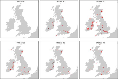 Figure 1. Century time slices of sites in Britain and Ireland with direct radiocarbon measurements on domesticated plant macrofossils. The size of the markers represents the probability that a posterior density estimate for the presence of cereal macrofossils occurred at the date shown above each map.