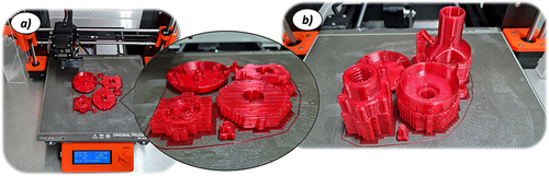 Figure 14 The main view of the manufacturing process of the fitting elements (a) during the 3D printing process, (b) the final result.