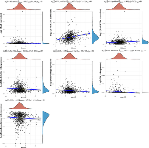 Figure 4. Correlation analysis of immune score. risk score was significantly correlated with B cell, T cell CD4+, T cell CD8+, endothelial cell expression, macrophages and NK cells.