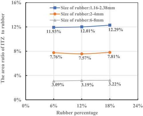 Figure 9. The area ratio of A-M ITZ to rubber particles in CRC.