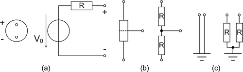 Figure 2. An electric voltage source (a), a voltage divider resistor (b) and a ground (c).