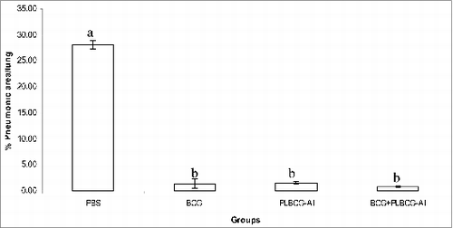 Figure 2. Determination of pneumonic area in lungs of mice challenged with Mtb. Mice were challenged by intratracheal route 2 months after inoculation. Groups: PBS, BCG (106 CFU of BCG, one inoculation), PLBCG-Al [50 μg PLBCG +1 mg Alum (Alhydrogel, Sigma), 2 doses were administered in a 3-week interval], and BCG+PLBCG-Al (106 CFU of BCG and 3 weeks later 50μg PLBCG-Al). Morphometric study was carried out with light microscopy using Leica Q-win System Software. Statistical analysis was performed by one-way ANOVA followed by Multiple Range test. Each bar represents the mean ± SD. Different letters denotes significant statistical difference between the groups. p < 0.001. (n = 3 per group).