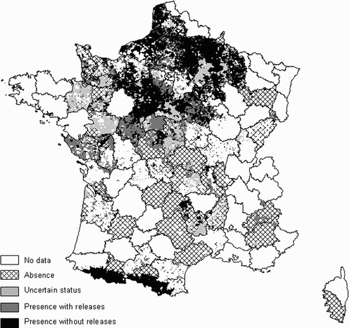 Figure 1. Geographical distribution of Grey Partridges in France in spring 2008 and the status (wild population versus releases) of these populations. The ‘uncertain status’ category refers to incomplete data (missing value for either abundance or release variables).