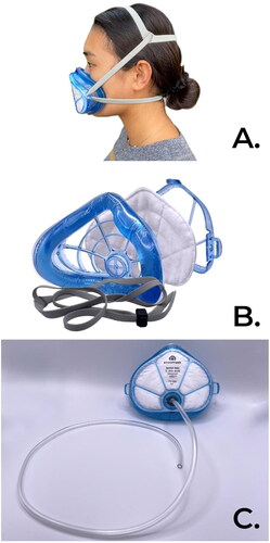 Figure 1. (A) View from side on subject. (B) Expanded view. (C) Probed respirator.