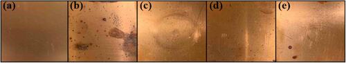 Figure 4. Copper oxidation changed with corrosive coating concentration: (a) Reference, (b) None, (c) 0.94 wt%, (d) 1.4 wt%, and (e) 1.86 wt%.