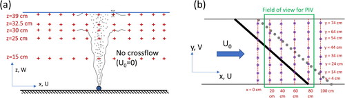 Figure 2. A schematic of the data acquisition using acoustic doppler velocimeter (ADV) while the diffuser is in operation. (a) ADV measurements with no crossflow (U0 = 0). Each point denotes the location of measurement on the Central plane. (b) ADV measurements with mean flow. Each asterisk denotes the location of a vertical profile of eight points in the vertical. Surface particle image velocimetry (PIV) field of view shown in a green rectangle. The solid black line represents the diffuser, and the dotted grey line shows the approximate location of the bubbles when they approach the water surface [cm, centimetres].