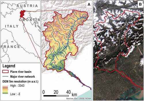 Figure 1. Geographical and topographical setting of the Piave river basin in Northern Italy. Panel A: 5-m resolution digital terrain model used for the study; Panel B: Satellite image acquired by Sentinel-2 on 31 October 2018 (after the extreme weather event).