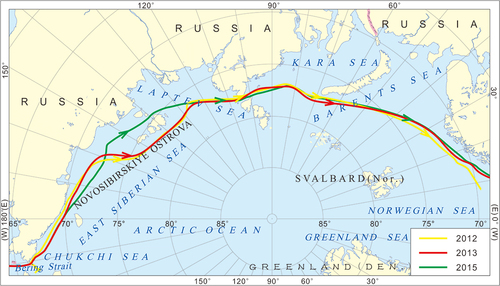 Figure 14. Navigation routes for the NEP in 2012, 2013, and 2015.