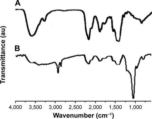 Figure S1 Comparative FTIR spectrum of HA (A) and HA-SiLN (B).Abbreviations: FTIR, Fourier-transform infrared spectroscopy; HA, hyaluronic acid.
