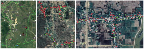 Figure 2 Drought perception at the provincial, commune, and village scales. Each dot represents a respondent household. Green dots are those reporting changes in drought. Red dots are those reporting no change.