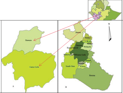 Figure 1. Map of (a) Gamo Gofa and Dawuro zones in Ethiopia, (b) zones boundary in the direction.