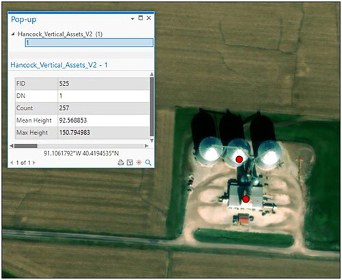 Figure 15. Examples of two vertical assets mapped as centroids or points with the mean and maximum height displayed for the silos.