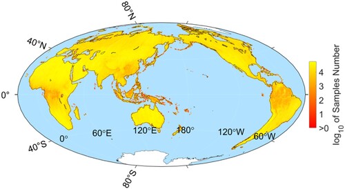 Figure 9. Statistics for the original elevation points within the global 0.25°×0.25° grid.