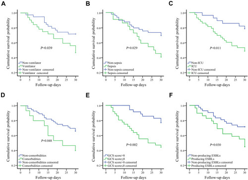 Figure 4 Kaplan–Meier survival analyses for ventilation (A), sepsis (B), ICU (C), comorbidities (D), GCS score (≤8) (E), and producing ESBLs (F).Abbreviations: ICU, intensive care unit; GCS, Glasgow Coma Scale; ESBL, extended-spectrum beta-lactamase.