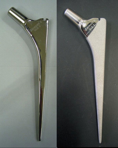 Figure 1. Collarless double-taper (CPT) stems. A polished stem is shown to the left and a matt-processed rough stem is shown to the right.