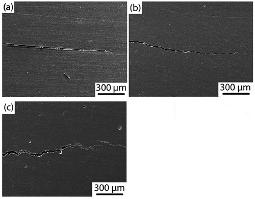 Figure 8. SEM images of the crack tip region of the (a) unmodified epoxy polymer; (b) epoxy nanocomposite containing randomly oriented GnPs and (c) epoxy nanocomposite containing 0.81 vol. of GnPs aligned transverse to the crack growth direction [Citation20].