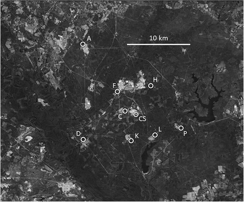 Figure 1. The 61-m tower locations across the Savannah River National Laboratory reservation in South Carolina. In the present analysis, data from tower “D” are used most extensively. Tower “CS” is located in an area surrounded by buildings. Its data will not be used here.