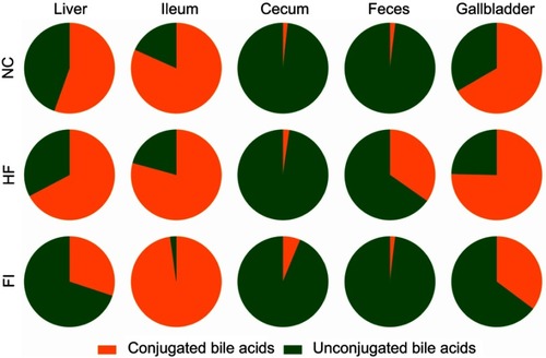 Figure S3 Pie charts of conjugated bile acids and unconjugated bile acids in liver, ileum, cecum, feces and gallbladder.