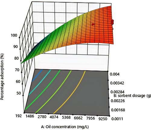 Figure 7. Response surface plots for the effect of changes in oil concentration and adsorbent dosage on percentage adsorption.