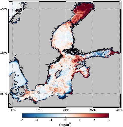 Figure 3.8.2. Baltic Sea summer (10 June to 27 September) chlorophyll-a anomaly field in 2016 (product reference 3.8.1) relative to the 1998–2014 mean field (product reference 3.8.1).