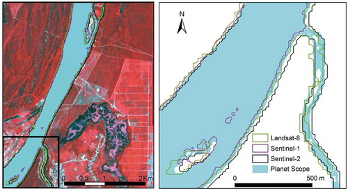 Figure A2. Left: PlanetScope false colour image. Right: water surfaces extracted from Lansat-8, Sentinel-1 and Sentinel-2 images. The background cyan colour shows the reference surface from the Planet Scope image used for determination of accuracy. Reproduced with authorization from the authors