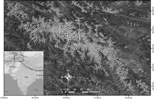 FIGURE 1 Location of Karakoram surge-type glaciers identified in this study. Inset map shows general location of study area. White box shows region covered by Figure 2. Numbers refer to glaciers shown in other figures and listed in Table 1.
