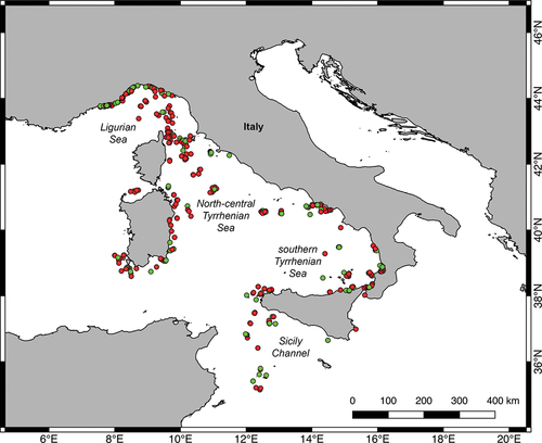 Figure 1. QGIS map of the study area with location of the ROV dives considered in this work. Dives with at least one record of heterobranchs are indicated by green dots, otherwise, they are indicated by red dots.