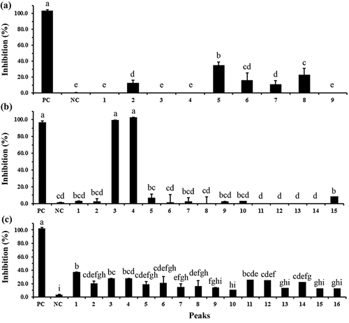 Figure 3. Antimicrobial activity of each separated peak from C18 RP-HPLC purification of fraction F4 (a), fraction F5 (b) and fraction F6 (c) against Salmonella typhi ATCC 5784 using a liquid growth inhibition assay in a 96-well plate. Different letters indicate significant differences between individual groups (p < 0.05). Values represent means ± SD (N  =  3). Streptomycin (10 µg/µL) and deionized water were used as a positive (PC) and negative (NC) control, respectively.Figura 3. Actividad antimicrobiana de cada pico por separado, procedente de la purificación mediante C18 RP-HPLC de la fracción F4 (a), de la fracción F5 (b) y de la fracción F6 (c) contra Salmonella typhi ATCC 5784, evaluando la inhibición del crecimiento líquido en una placa de 96 pocillos. Las distintas letras indican la presencia de diferencias significativas entre los grupos individuales (p < 0,05). Los valores representan las medias ± DE (N  =  3). Se emplearon estreptomicina (10 µg/µL) y agua desionizada como control positivo (PC) y negativo (NC), respectivamente.