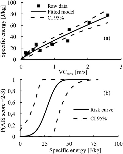Figure 2. Specific energy numerical metric data as a function of VCmax, the power model and its 95% CI (a) and the probability of rib fractures as function of the specific energy and its 95% CI (b).