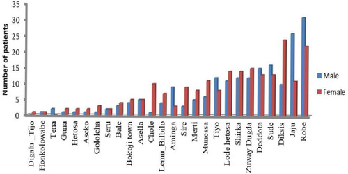 Figure 1 The number of esophageal cancer patients per district in Arsi Zone, Oromia, Ethiopia, 2020.