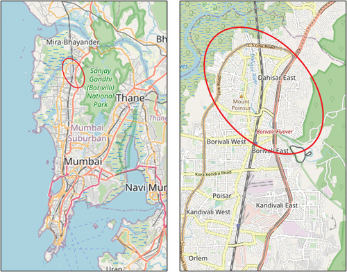 Figure 1. Map of Mumbai (left) and location of Mumbai’s northwestern suburb Dahisar, the field study area (right). Source: OpenStreetMap; openstreetmap.org/copyright.