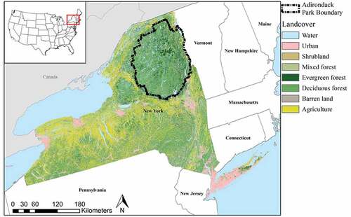 Figure 2. Location of the Adirondack Park in New York State, USA. The park contains a variety of natural resources and is an important landscape for the provisioning of multiple ecosystem services. Land cover data sourced from USGS (Citation2019).