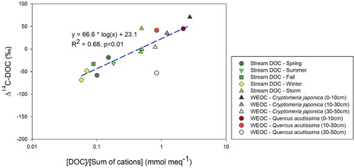 Figure 5. The relationships between the ratio of [DOC] to [sum of cations] and Δ14C-DOC of extracted soil solution (i.e. WEOC) under the two tree species and stream water. Black triangles are Cryptomeria japonica, and red circles are Quercus acutissima. Light to dark green symbols are stream water samples collected weekly and composited for each season, and during summer storms. Blue dashed line is the linear regression line for stream and extracted soil solution.