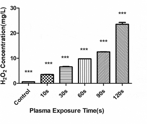 Figure 8. Changes in the H2O2 concentration in the plasma-activated liquid (PAL) treated for different periods (F = 718.5, P < 0.01)