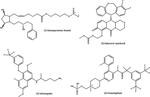 Figure 1. Chemical structures of latanoprostene bunod (1), baloxavir marboxil (2), tafenoquine (3), and fosnetupitant (4).