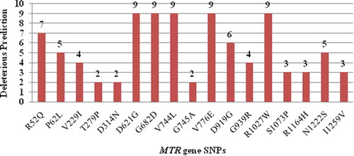 Figure 1. The number of in silico tools (SIFT, PolyPhen2, PROVEAN, SNAP2, PMut, nsSNPAnalyzer, SNPs&GO, PhD-SNP, I-Mutant, MuPro and iPTREE-STAB) predicted various SNPs as deleterious. The functionally most significant SNPs predicted were D621G, G682D, V744L, V776E, and R1027W.