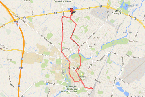 Figure 3. Route undertaken in Cambridge.Source: Map Data@2014 Google.