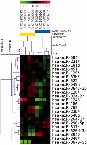 Figure 3. Unsupervised hierarchical clustering of 23 differentially represented miRNAs in spermatozoa after p value filtering of t test (p < 0.01) on four smokers and four non-smokers. Smoker samples are identified by the yellow bar and are located on the left of the cluster. Heatmap representation of over represented (red) and under represented (green) genes. The color scale bar indicates Log2 ratio of intensities.