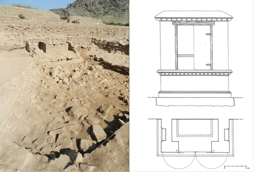 Figure 11. Photo and hypothetical reconstruction of the shrine in Unit D (L.M. Olivieri/F. Martore, © ISMEO).