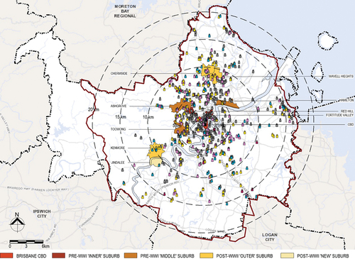 Figure 4. Mapping of Brisbane’s suburbs and religious buildings, with reference to suburb types.
