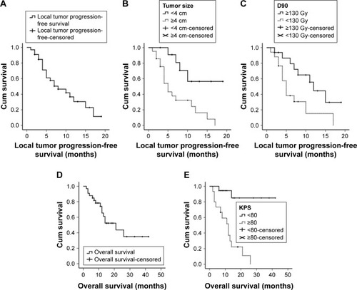 Figure 2 (A) Local tumor progression-free survival after 125I brachytherapy. (B) Local tumor progression-free survival in patients with tumors of different sizes. (C) Local tumor progression-free survival with D90≥130 Gy and D90<130 Gy. (D) Overall survival rate after 125I brachytherapy. (E) Overall survival rate in patients with different KPS.