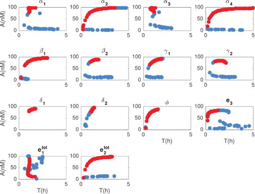 Figure 8. Period (h) and amplitude (nM) correlation. This figure combines the results plotted in Figures 6 and 7. Amplitude and period of the solutions were computed numerically for both damped and sustained oscillations (period between 0.5 and 40 h and amplitude larger than 1   nM). Blue circles indicate when the Jacobian has at least one pair of complex eigenvalues with negative real part (damped oscillations). Red circles indicate when the Jacobian has at least one pair of complex eigenvalues with positive real part (sustained oscillations). Parameters were changed in the range of 0.1–10 times their nominal values.