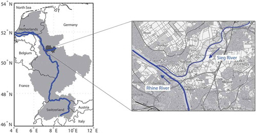 Figure 3. Catchments of the Rhine River and the Sieg River (left) and the confluence reach (right).