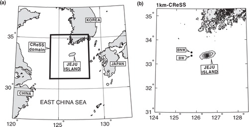 Fig. 1 Location and elevation map of Jeju Island. The inner domain [the square in (a)] is considered in numerical experiments using a cloud-resolving storm simulator (CReSS) with 1.0 km resolution [shown in (b)]. The centre locations of initial warm bubbles (BNW and BW) for the experiments are depicted by cross symbols in (b).