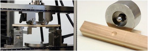 Figure 2. Four-point flexure test setup with extensometer arm engaged (left) and hardness test fixture and tested specimen (right).